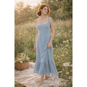 Reformation Blue Midi Dress Lace Trim Smocked Back Sz 12P